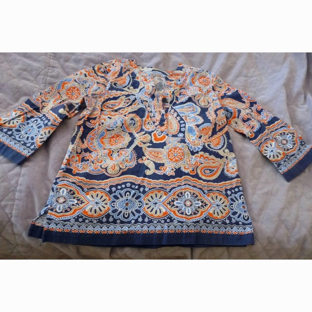 Stretch cotton bright blue orange paisley  border print tunic Henley neck S-M